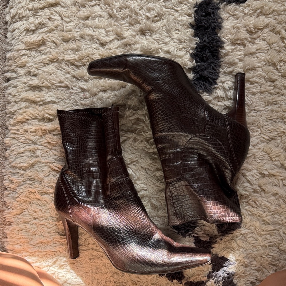 Marc Fisher Dark Brown Croc-Embossed Pointed Toe Ankle Boots